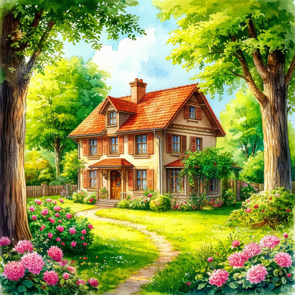 Красивый дом с цветущим садом.