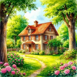 Красивый дом с цветущим садом.