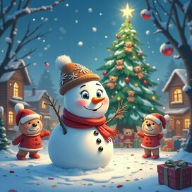 рождественская открытка с елкой , снеговиком и медвежатами