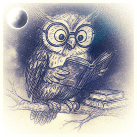 Сова с большими очками, читающая книги на ветке.
