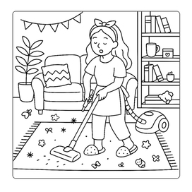 Раскраски для детей и взрослых - уборка в гостиной