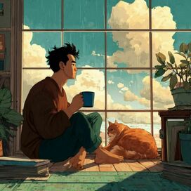 юноша у окна с котом рядом