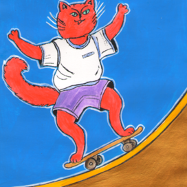 Рыжий кот катается на скейтборде. Второй авторский вариант иллюстрации.. Стиль иллюстрации декоративный. Техника: Бумага, тушь, акрил. Художник Марат Брызгалов.