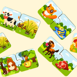 Пазлы половинки для детской развивающей игры "Кто что ест?"