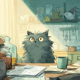 кот сидит за столом