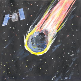 В журнал "А почему?" Рубрика" Со всего света". Редакция-Юный техник. Опубликовано в журнале. Иллюстрация на уменьшение. Тема: Метеорит. Художник: Марат Брызгалов.