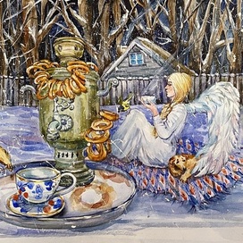 Зимушка пьет чай с самоваром.