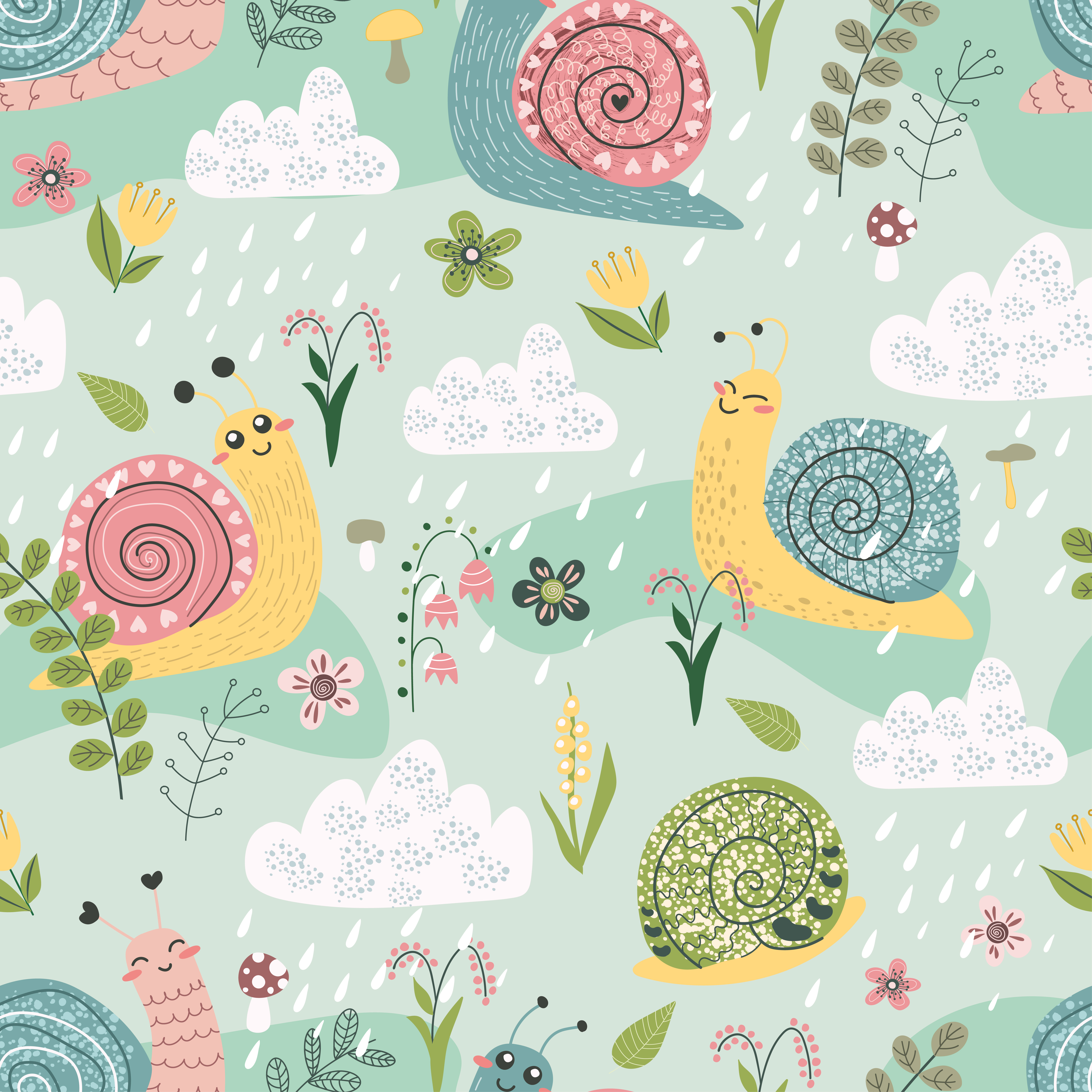 Бесшовный принт Улитки весной
