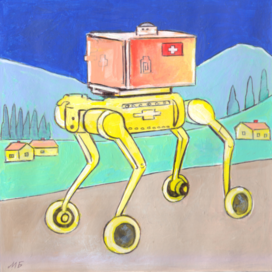 В журнал "А почему?" Рубрика" Со всего света". Редакция-Юный техник. Опубликовано в журнале. Иллюстрация на уменьшение Тема: Швейцария. Робот доставщик . Художник: Марат Брызгалов.