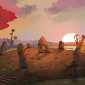 Моаи на болоте под закатным солнцем