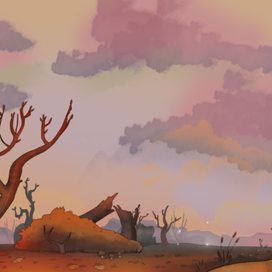 Сухое дерево на болоте под закатом