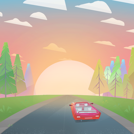 Кабриолет уезжает в закат