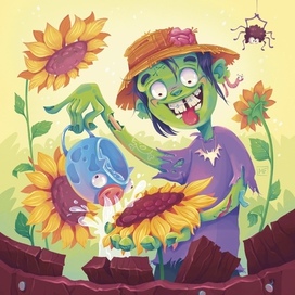 Зомби поливает подсолнухи