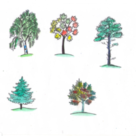 Деревья . Заставки в рубрику игротека. Детский журнала -А почему? Редакция "Юный техник". Иллюстрация опубликована в журнале. Художник Марат Брызгалов.