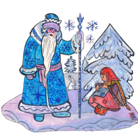 "Морозко" - русская  народная сказка. В рубрику -Игротека . В детский журнал  - "А почему?" Редакция "Юный техник". Иллюстрация опубликована в журнале. Художник: Марат Брызгалов.