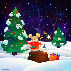 Мышонок и птичка украшают новогоднюю ёлку в зимнем леcу