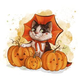 Кот в наряде Дракулы  с тыквами. 