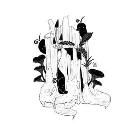 Лесные существа в пеньке — графическая иллюстрация