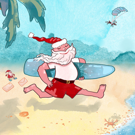 Санта на пляже.