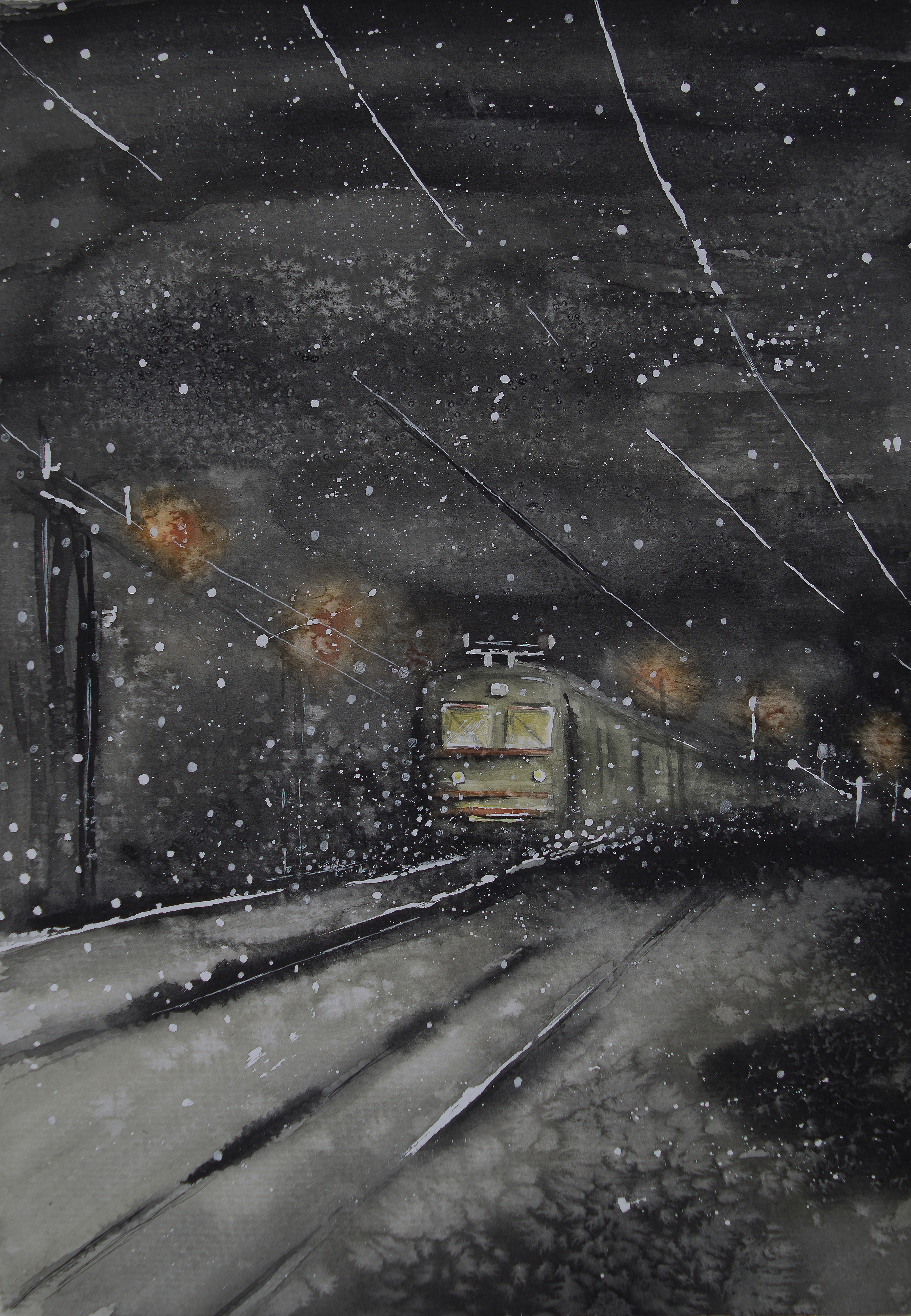 Памяти Рубцова. Ночной поезд. Акварель