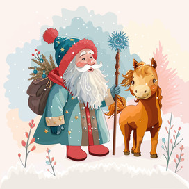 Дед Мороз с символом Нового года Огненой лошадкой.