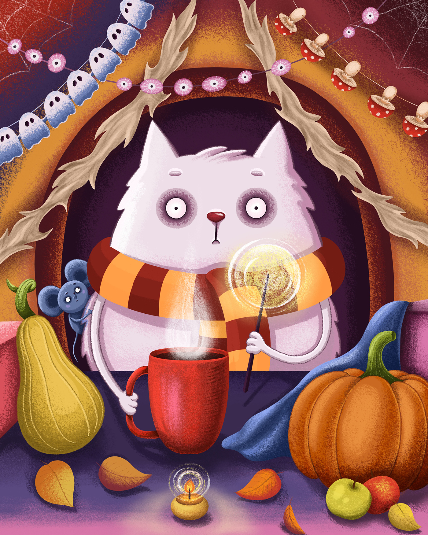 Осенняя иллюстрация "Кот и мышь"