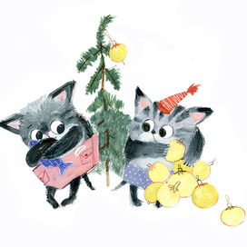 К Новому году коты! Открытка, персонажи.