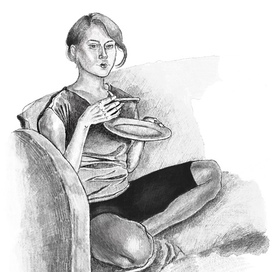 Скетч с натуры, Вероника с бутербродом, 2023