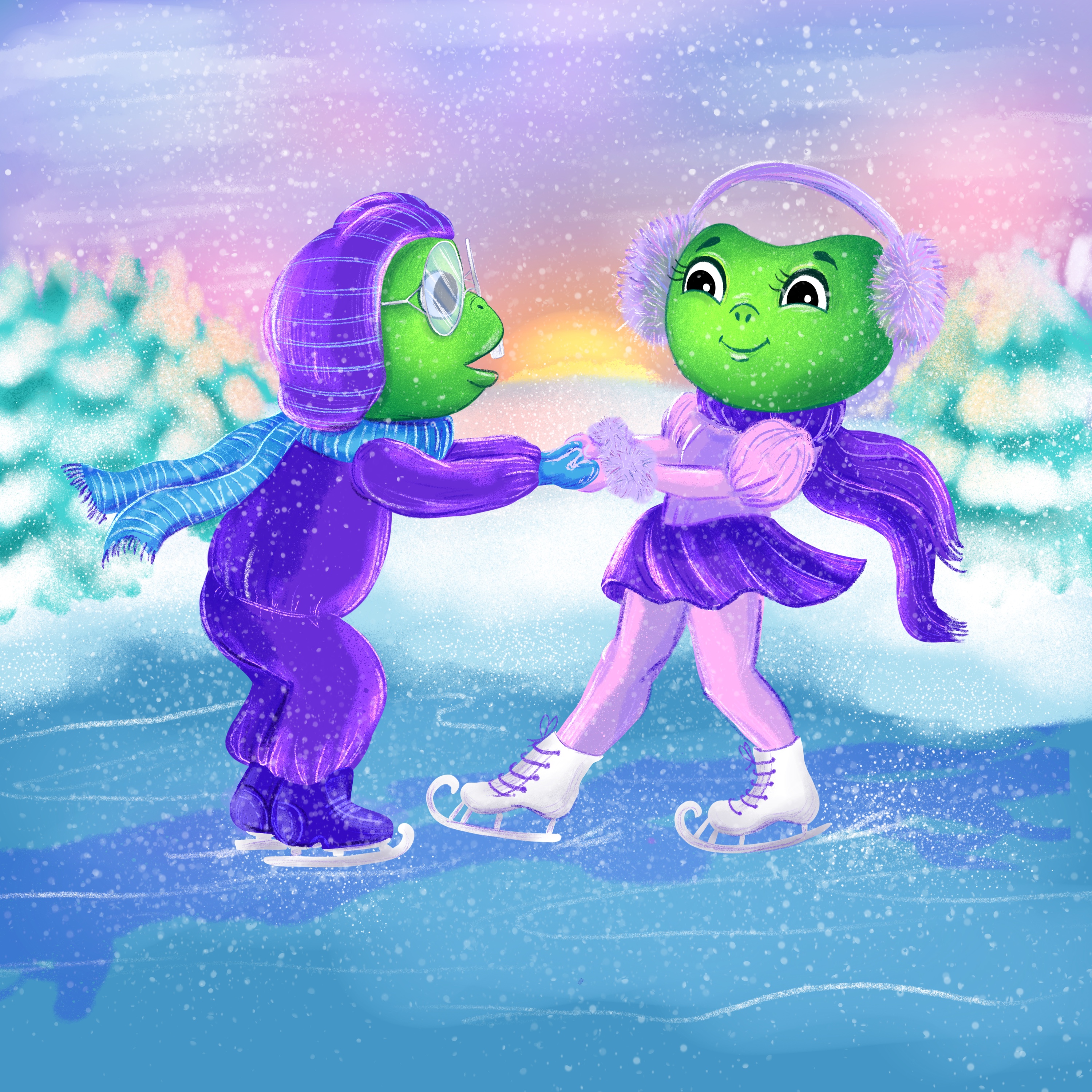 Лягуш и лягушка на коньках