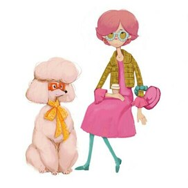 Молодая и романтичная особа и ее питомец пудель.