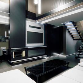 Дизайн гостиной с камином в духе сдержанного ардеко.