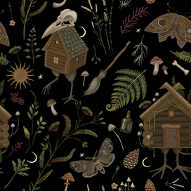 бесшовный мистический паттерн с избушкой Бабы-Яги