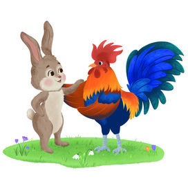 Заяц и петух, иллюстрация для сказки Заячья избушка 