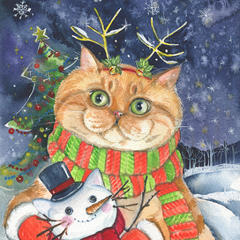 Кот со снеговиком