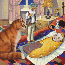 Домовой, кот и мышка Аришка знакомятся с ребенком.