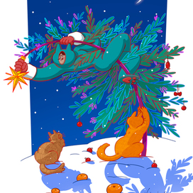 Женщина-кошка и её кошки наряжают ёлку.