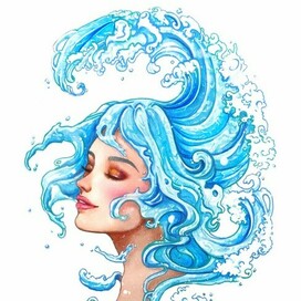 Девуша волна. Иллюстрация акварелью с девушкой в стиле аниме