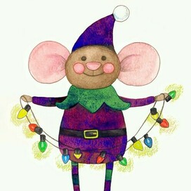 Мышонок с гирляндой новогодний эльф иллюстрация