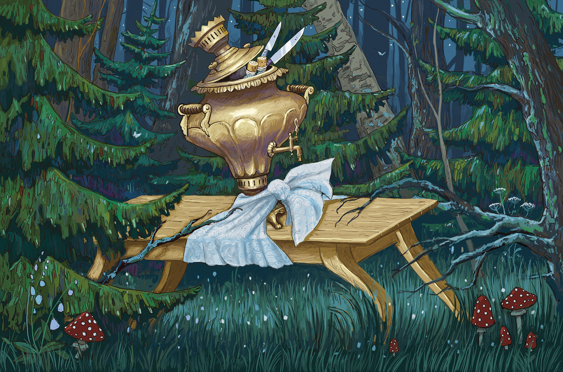 Самовар, ножи, солонка, перечница и стол заблудились в лесу.