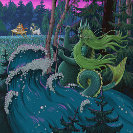 Водяной  несется на волне.