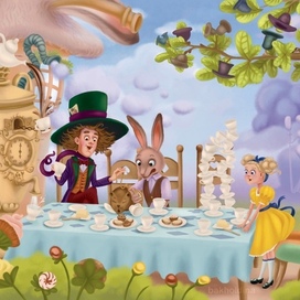 Безумное чаепитие. Разворот к сказке Алиса в стране чудес.