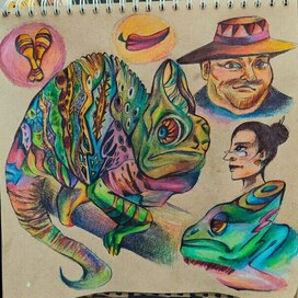 Хамелеон цветными карандашами