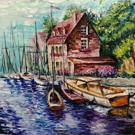 Пейзаж причала в Италии, масло
