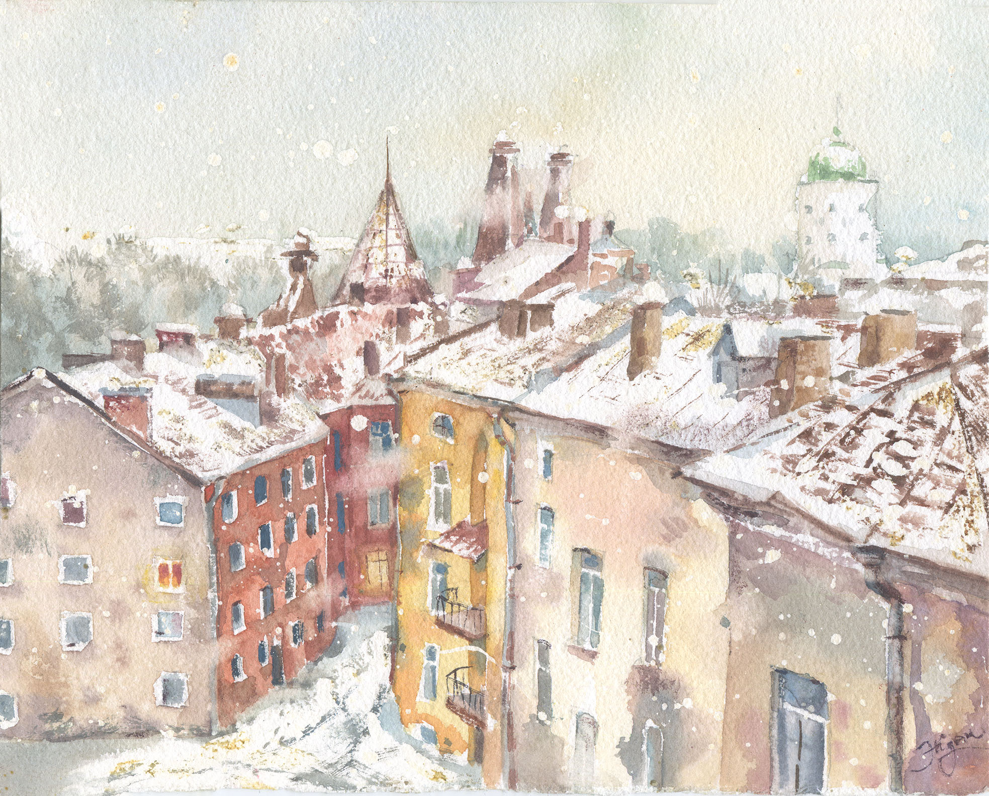 Выборг, зима. Акварель