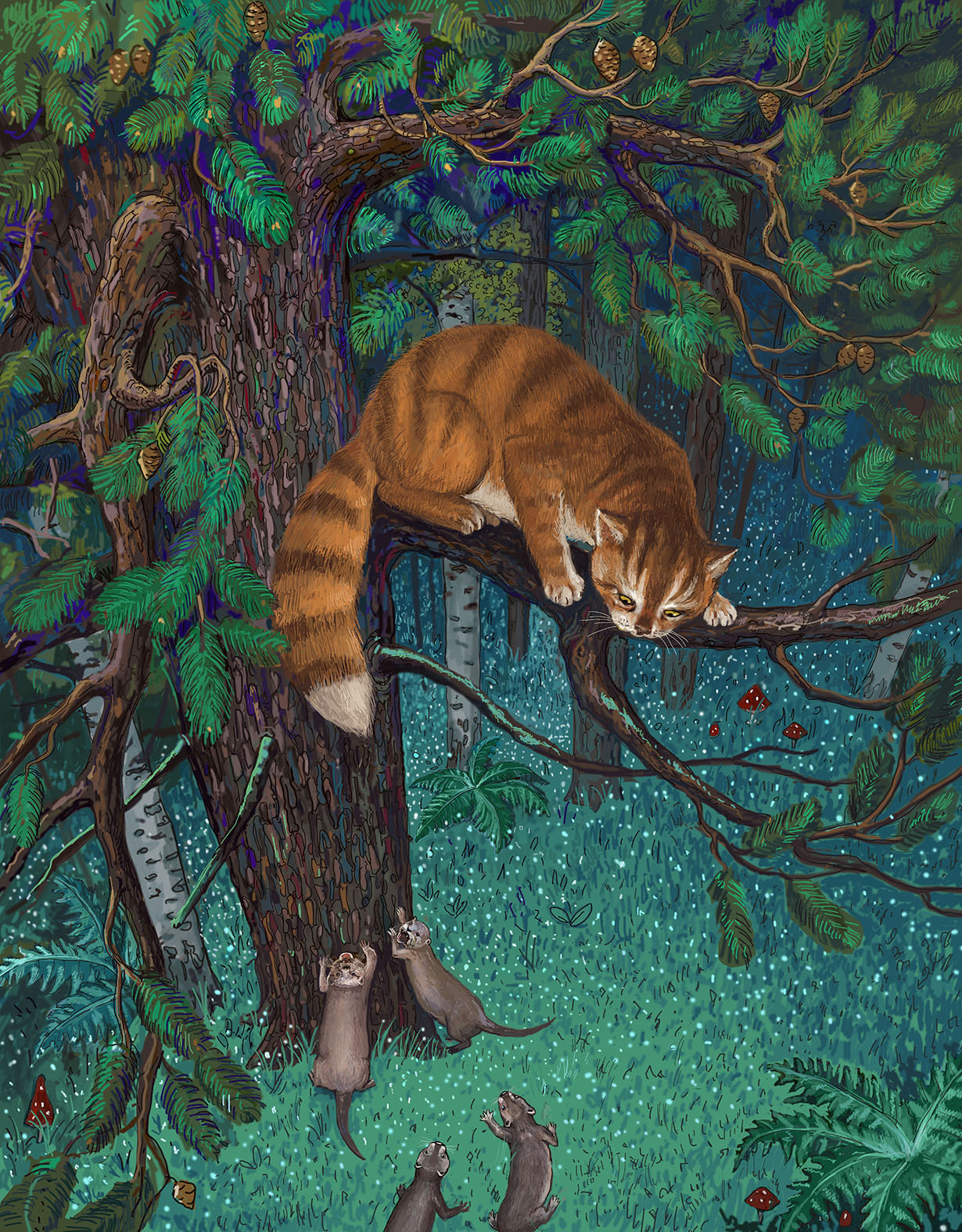 Кот Тимофей спасается на сосне от злых выдр.