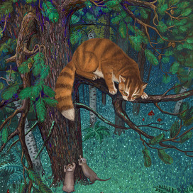 Кот Тимофей спасается на сосне от злых выдр.