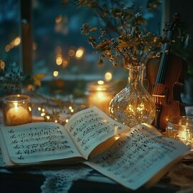 Ноты , скрипка , ваза.