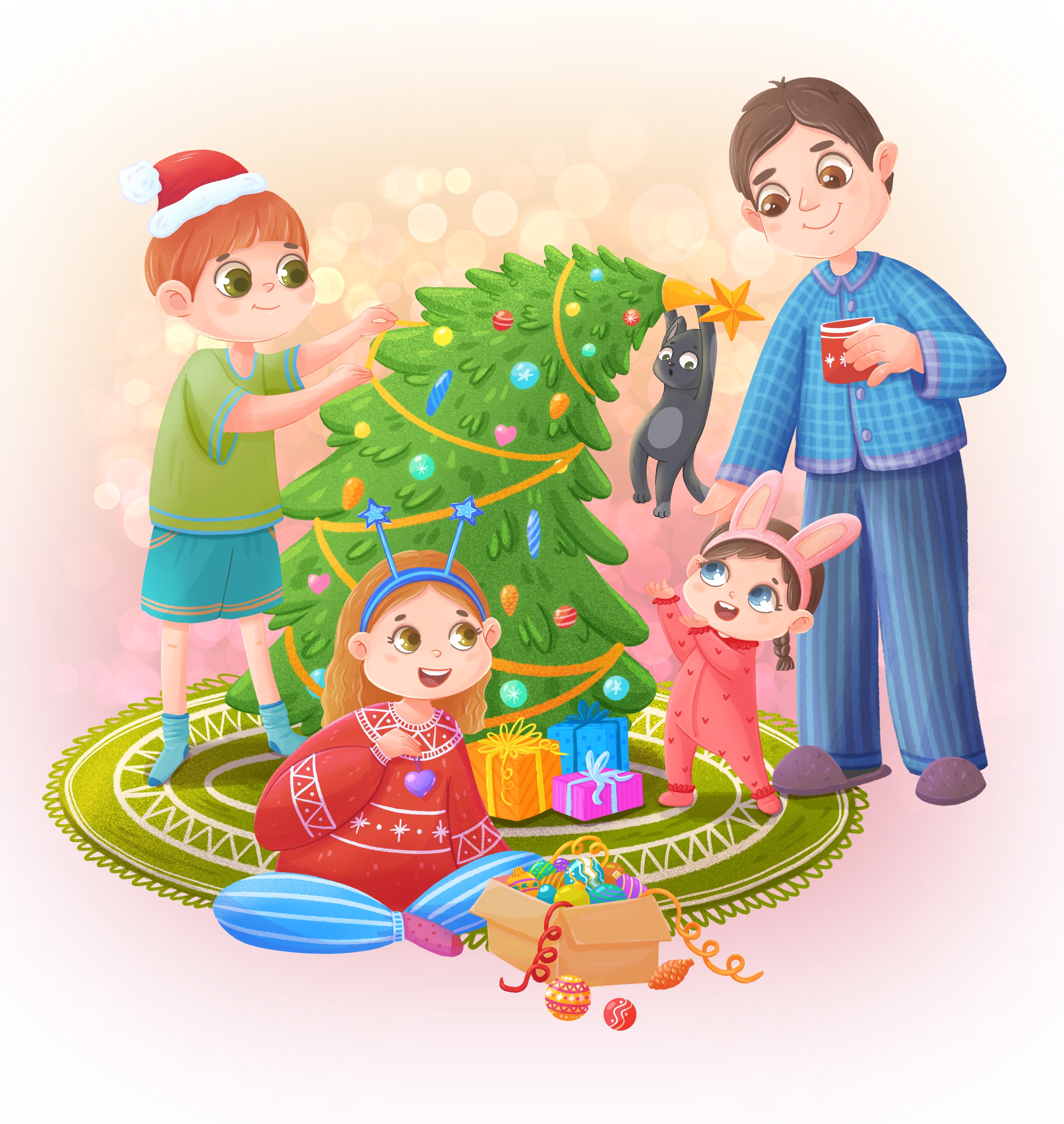 Детская новогодняя иллюстрация Семья украшает елку