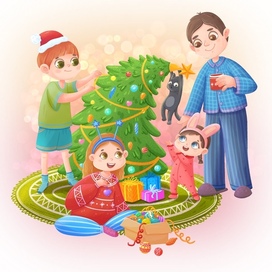 Детская новогодняя иллюстрация Семья украшает елку