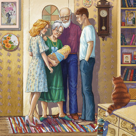 Дедушка Саша и бабушка Зина встречают гостей.